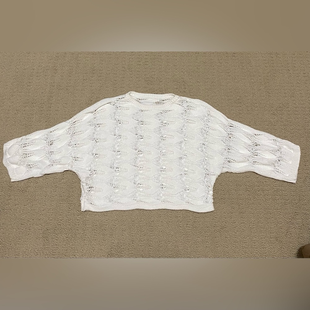 White Open Knit Crochet Cropped Boxy Sweater with Dohlman Sleeves, Size Medium.